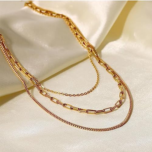 Amicon Dainty Layered Necklaces for Women Trendy Layered 14K Gold Plated Necklace Paperclip Box Chain Layered Necklace Set Jewelry Gifts for Women
