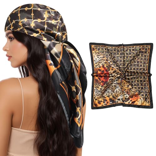 AWAYTR 35” Square Satin Head Scarf Hair Scarf for Women's Hair Silk Bandana for Women Silk Head Wrap for Sleeping - color: Cashew Print (Leopard Color)
