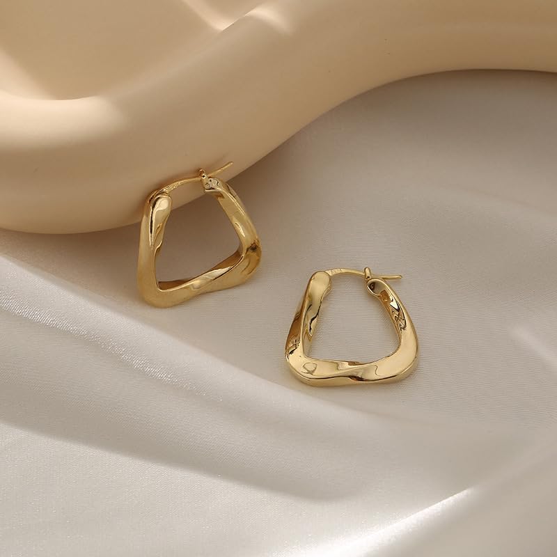 Geometric Hoop Earrings, Stainless Steel, Twisted Textured Trapezoid Design, Anti-Allergic - color: Gold