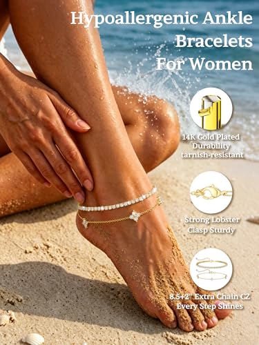 2 PCS Gold/Silver Ankle Bracelets for Women 14K Gold Plated Anklet Set Non Tarnish Waterproof Adjustable Dainty Stackable Layered Hypoallergenic Beach Essentials Summer Jewelry Gift - style: Style1