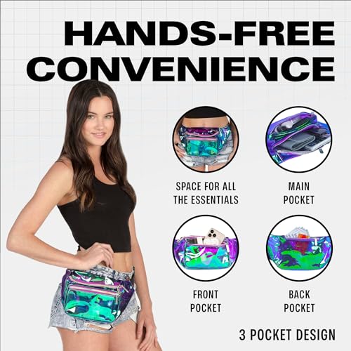 Holographic Fanny Pack Belt bag - Crossbody Waist Bag for Men or Women - Hands-Free, Waterproof Large Bumbag for Hiking, Running, and Travel (purple) - color: Transparent - Purple