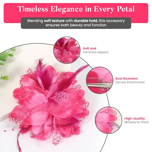 4.72 Inches Elegant Hair Clip Large Flower Brooches for Women | Flower Mesh Ponytail Holder & Hair Clips for Wedding | Charming Floral Lapel & Brooch Pins for Women Fashion (Pink) - color: Rose Red