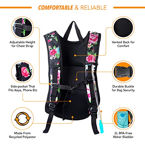 Vibe Festival Gear Rave Hydration Pack Backpack with 2L Water Bladder for Women Men – Festival Hydropack, Hydro Pack, Leak Proof, Lightweight – Teens, Party, Hiking, Running, Outdoor Sports - color: Retro Floral