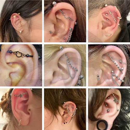 ZS 1 Pair Chain Piercing Jewelry, 16G Surgical Steel Industrial Stud Earring, Dangle Chain Bar Cartilage Helix Piercing for Women Men - color: 2PCS Silver