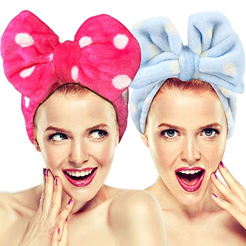 Hairizone 2 Pack Makeup Headbands for Washing Face Shower Spa, Soft and Cute Big Bow Hair Bands for Women and Girls (Light Blue/Roseo) - color: Light Blue+Roseo
