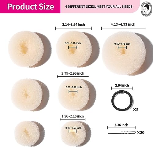 Teenitor Donut Bun Maker Set - Hair Bun Ring with 5 Bands, 20 Bobby Pins & 7 Chignons (2 Small, 2 Medium, 1 Large, 1 Extra-Large) for Hairstyles in Beige - color: B-Beige