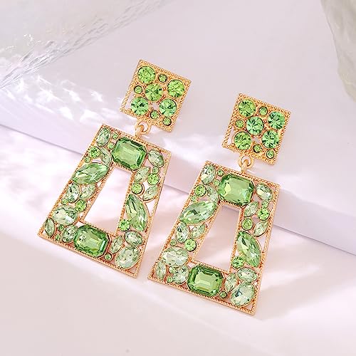 Rhinestone Rectangle Statement Earrings Colorful Crystal Geometric Drop Dangle Earrings for Women Prom Party - color: Lime Green