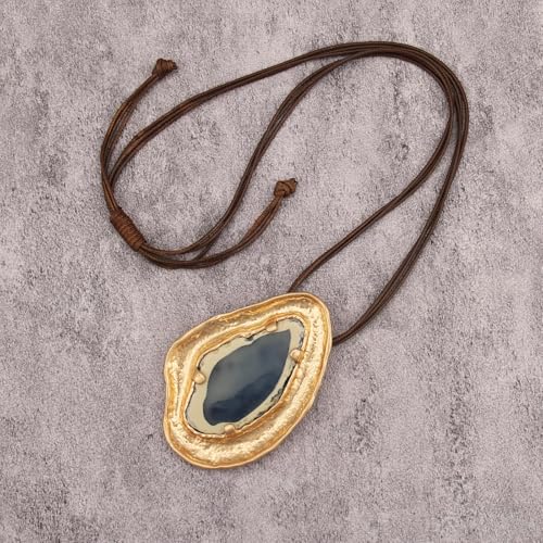 GelConnie Leather Necklace for Women Large Pendant Long Brown Necklace Circle Leather Choker Vintage Sweater Necklace Gold Chunky Boho Necklaces for Women - style: Blue Big Pendant Necklaces