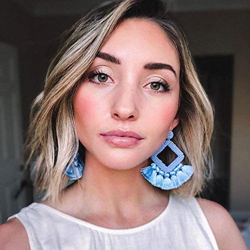 Long Tassel Earrings Statement Bohemian Pom Ball Handmade Drop Dangle Earrings for Women - style: S-blue