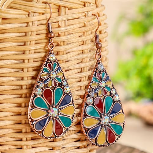 coadipress Bohemian Flower Teardrop Earrings for Women Trendy Vintage Colorful Hollow Out Flower Floral Dangle Earrings Bohemian Handmade Ethnic Statement Jewelry - color: Green Red