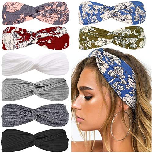 Huachi Boho Headbands for Women Twist Head Band Soft Elastic Hair Bands for Teen Girls Head Wrap Fashion Accessories, Floral Print Plus Solid Colors - color: Boho Print Plus Solid Colors