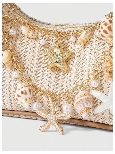 MakeMeChic Women's Straw Beach Purse Seashell Beaded Shoulder Handbags Summer Vacation Bags - color: Multicolor Beige