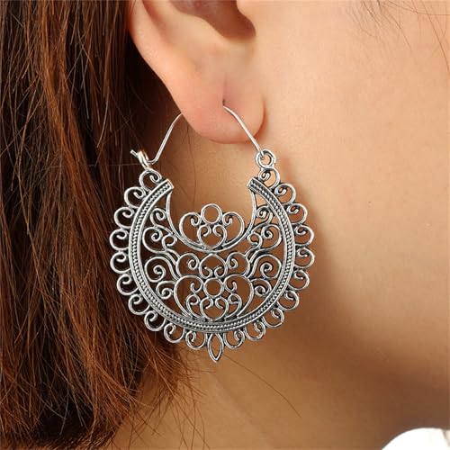 Boho Antique Carved Flower Dangle Drop Earrings for Women Vintage Retro Handmade Hollowed Antiqued Bronze Floral Shaped Geometric Gold Silver Plated Hoop Earrings for Ethnic Style Jewelry Gifts - color: Silver flower hoop earrings