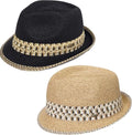 Funky Junque Straw Fedora Hats for Women - UPF 50+ Sun Hat, Short Brim Packable Beach Hat with Woven Pattern - color: 2 Pack - Black/Natural & Brown
