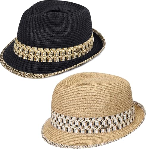 Funky Junque Straw Fedora Hats for Women - UPF 50+ Sun Hat, Short Brim Packable Beach Hat with Woven Pattern - color: 2 Pack - Black/Natural & Brown
