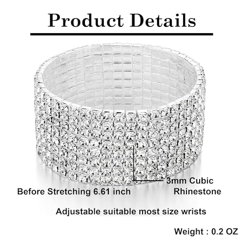 Zealmer Sparkle Multicolor Rhinestone Stackable Stretch Bracelets for Women - color: 8 Row Silver Small Size