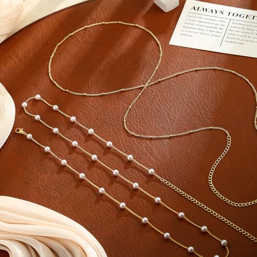 Kyerlyn Body Chain for Women 14K Gold Plated Waist Beads Chain Gold Belly Belt Cuban Layered Body Chains Waterproof Adjustable Sexy Bikini Beach Body Jewelry Daily Belts Gifts for Women 26.5-33Inch - style: Pearl + Satellite