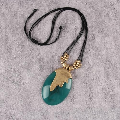 GelConnie Long Necklaces for Women Boho Large Pendant Necklace Casual Bohemian Brown Leather Choker Sweater Circle Statement Stone Necklace - style: Oval Green Stone Necklace