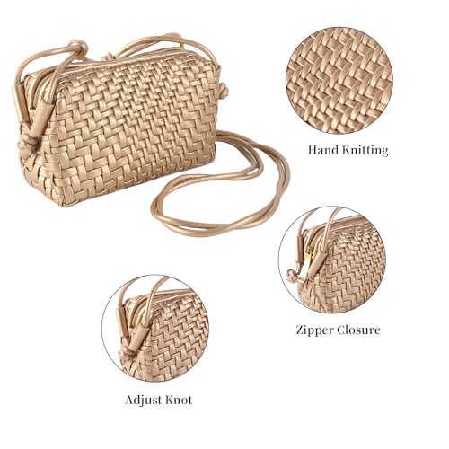 Woven Crossbody Bags for Women Handwoven Purses Vegan Leather Small Handbag Handmade Shoulderbag | Lightweight - color: Gold