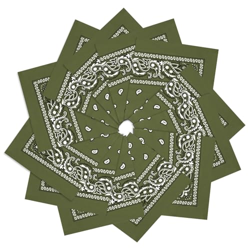 12 Pack Bandanas Unisex Paisley Cowboy Bandanas Bulk Multi Purpose Headband Scarf for Men Women Costume - color: Olive Green, style: Classic