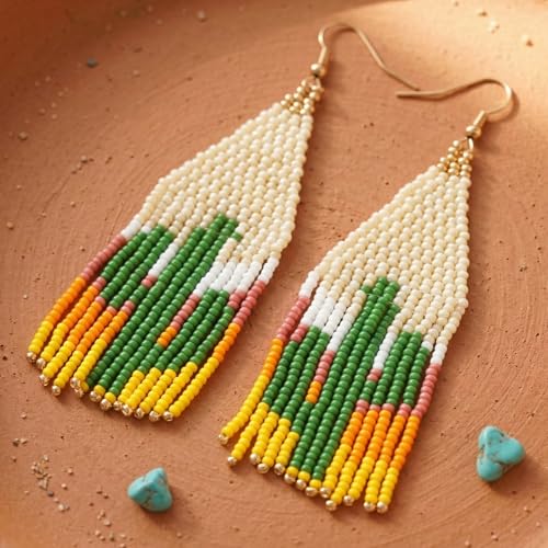 Flower Black Beaded Long Tassel Western Native American Earrings For Women Dangling - color: zactus