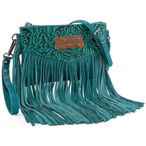 Wrangler Crossbody Small Purse for Women Wristlet Fringe Bag Western Purse - color: Angel Turquoise