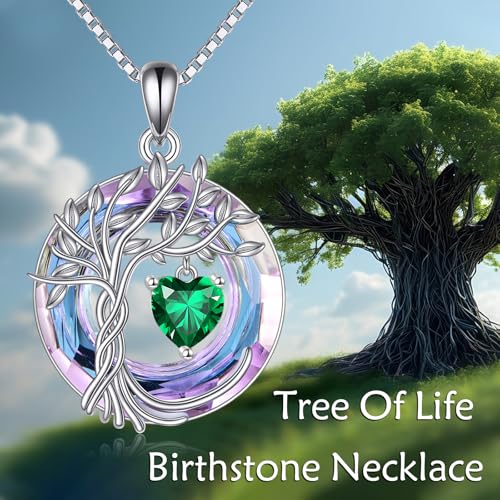 POPLYKE Mothers Day Gifts for Mom Her Wife Tree of Life Necklace 925 Sterling Silver Birthstone Pendant with Crystal Anniversary Birthday Wedding Jewelry for Women - color: 05-May-Emerald, style: White Gold Plated-Amethyst Crystal