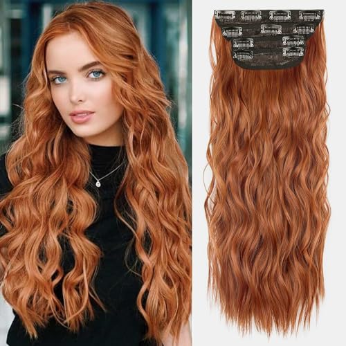 Copper Red Curly Clip In Hair Extensions for Women Synthetic Clip in Long Wavy Extension 20 Inch Double Weft 4PCS Hairpieces Full Head for Women Costume Party Valentine's Day - color: COPPER RED 01
