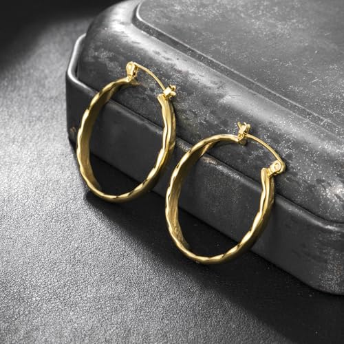 Stainless Steel Hoop Earrings for Women Gold Tone Geometric, Huggie Heart Twisted Minimalist Engraved Designs for Daily Wear - color: Gold_30mm