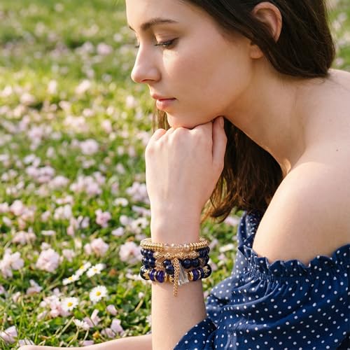 Bohemian Bracelet Sets for Women - 4-Pack Stackable Stretch Bead Bracelets with Black＆White Crystal & Gold Accessories, Multi-Layer Boho Jewelry - color: purple