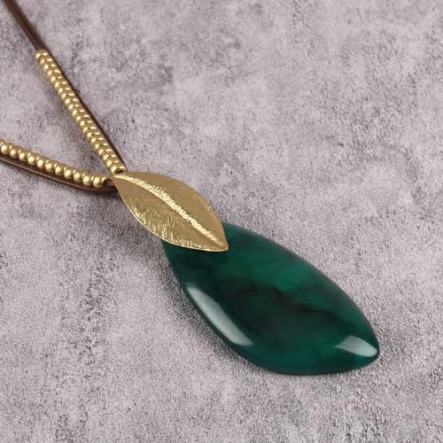 GelConnie Long Necklaces for Women Boho Large Pendant Necklace Casual Bohemian Brown Leather Choker Sweater Circle Statement Stone Necklace - style: Green Leave Gold Necklace