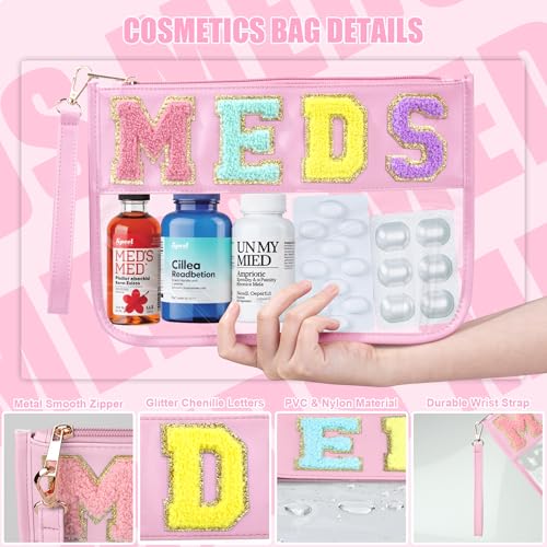 BuyCard Chenille Letter Clear Medicine Bags, Makeup Meds Bags, Preppy Patch Cosmetic Bag with Zipper&Wristlet, Waterproof PU&PVC Toiletry Medicine Storage Case, Portable Travel Drugs Pills Pouch Pink - color: Pink-Meds