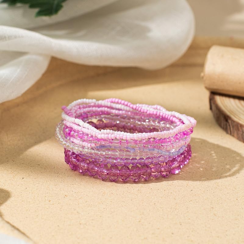 Caiyao Bohemian Multilayer Stackable Seed Beaded Bracelets Colorful Crystal Glass Beads Strand Bangle Bracelet BFF Wristbands Bracelet for Women Summer Beach Hawaii Jewelry Birthday Gifts - color: Purple
