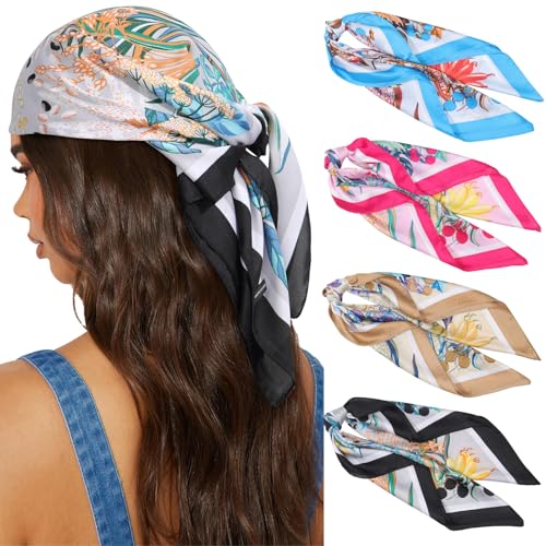 AWAYTR 27.5” Silk Satin Square Head Scarf - 4PCS Satin Head Scarves for Women Hair Kerchief Bandanas Sleeping Head Wraps - color: Flower(pink/Blue/Khaki/Grey)