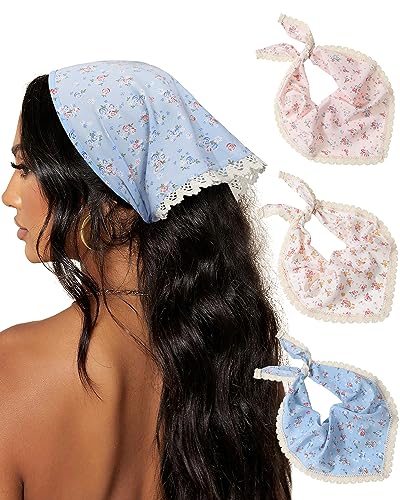 AWAYTR 3Pcs Hair Bandanas Head Kerchief for Women Girls Tie-Back Boho Hair Scarf Headband Bandana Triangle Head Scarf - color: Flower - White / Pink / Blue
