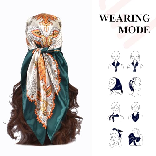 35 x 35 Women's Fashion Pattern Large Square Silk Like Hair Scarf Head Sleeping Wrap Satin Neck Bandana for Gift… - color: Garland Cashew Nuts-green