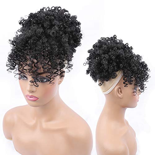 Drawstring Ponytail with Bangs Afro Puff Ponytail Extensions for Women Short Curly Puff Ponytail with Bangs Clip in Wrap Updo Hairpiece for Women(1B) - color: 1B