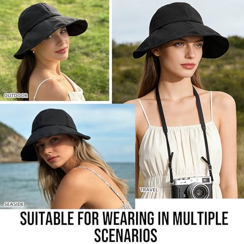Women Wide Brim Sun Hat Adjustable Packable Beach UV Protection Gardening Hats - color: Black-02