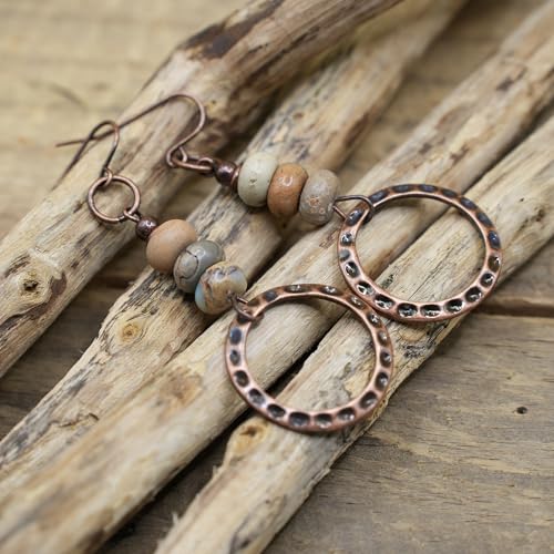 Boho Earrings for women, Hammered Copper Earrings, Bohemian Beaded Gemstone Rustic Jewelry, African Opal Earrings Handmade - style: Hammerd Hoop