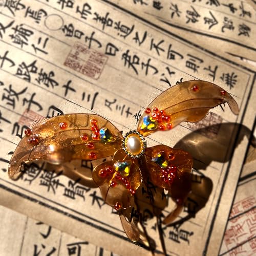 Orange Butterfly with Pearl Resin Hairpin Chinese Hanfu and Han Style Hair Retro Flower with Metal Handmade Hair Clip Hair Accessories for Women Girls Long Hair (Orange Butterfly) - color: Orange Butterfly