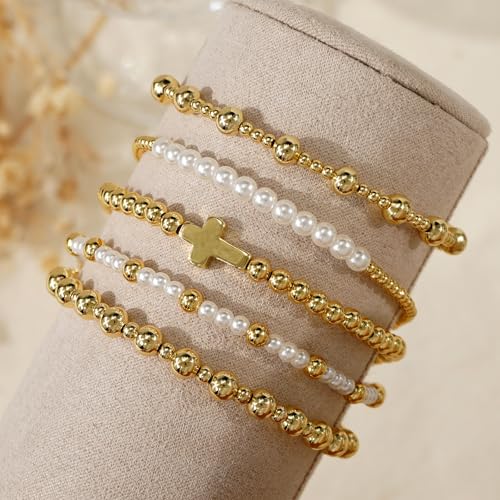 14K Gold Plated Beaded Bracelets Stack Set for Women,Stretch Boho Colorful Beads Ball Jewelry Friendship Summer Trendy - color: Cross