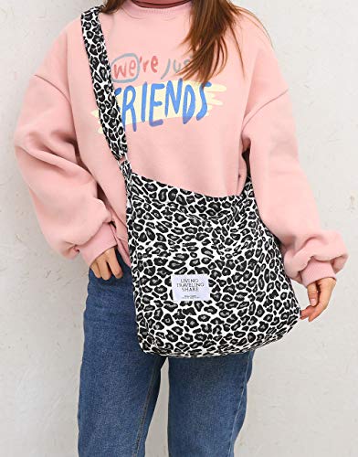 Covelin Women's Retro Large Size Canvas Shoulder Bag Hobo Crossbody Handbag Casual Tote - color: Leopard White