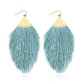 Bohemian Silky Thread Fan Fringe Tassel Statement Earrings - Lightweight Strand Feather Shape Dangles - color: Feather Fringe - Aqua Mint