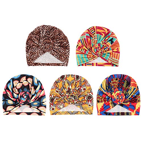 DRESHOW 5 Pack Knotted Headwraps for Women African Turban Pre-Knotted Beanie Headwraps Hair Covers - color: 5 Pack Donuts: Flower Printed Ba