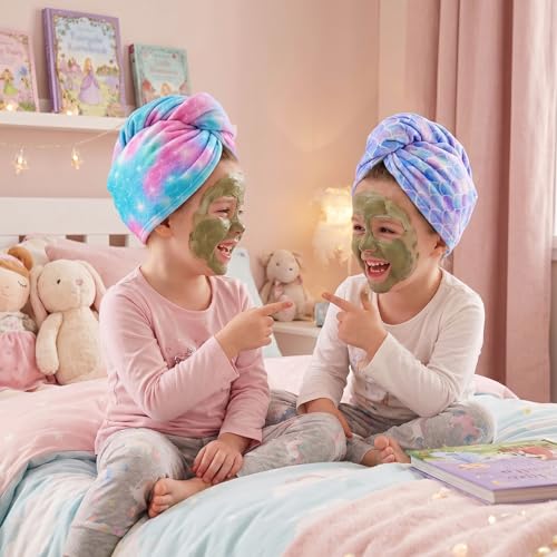 Basumee Microfiber Hair Towel Wrap for Kids 2 Pack Rapid Drying Hair Towel with Button Hair Turbans for Wet Hair Wraps Head Towel Wrap for Women and Girls, Light Mermaid - color: Light Mermaid