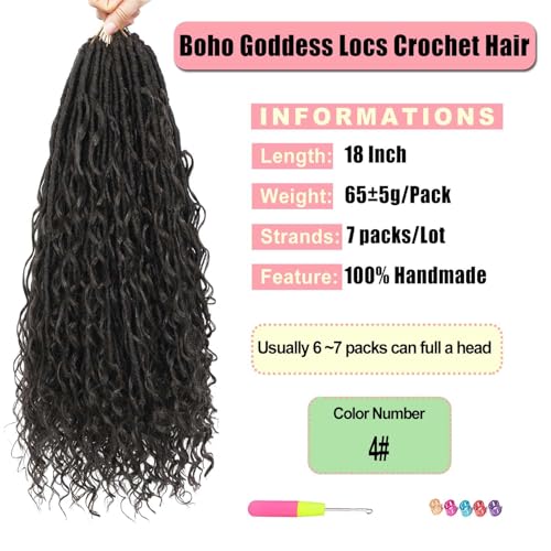 Goddess Locs Crochet Hair 7 Packs Bohemian Faux Locs Pre-Looped Braids, Boho Goddess Soft Locs Crochet Hair with Curly Ends Hair Extensions for Women (4#, 18 Inch) - color: 4#, size: 18 Inch