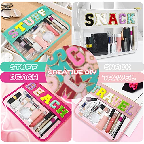 LOKFAR Nylon Makeup Bag DIY Chenille Letter Clear Travel Zipper Pouch, Preppy Makeup Bag Clear Cosmetic Bag, Water-proof Makeup Travel Pouch Snack Bags for Women (Pink) - color: Pink