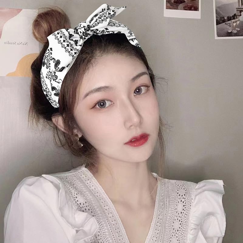 Boho Knotted Bow Hairbands with Paisley Print - Rabbit Ear and Bowknot Designs for Women and Girls, Hair Accessories - color: white