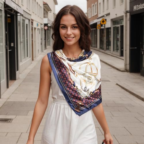 RIIQIICHY Head Scarf for Women Like Silk Scarf Hair Scarf Printed Square Scarf Bandanas for Women 35 Inches - color: Navy/Gold