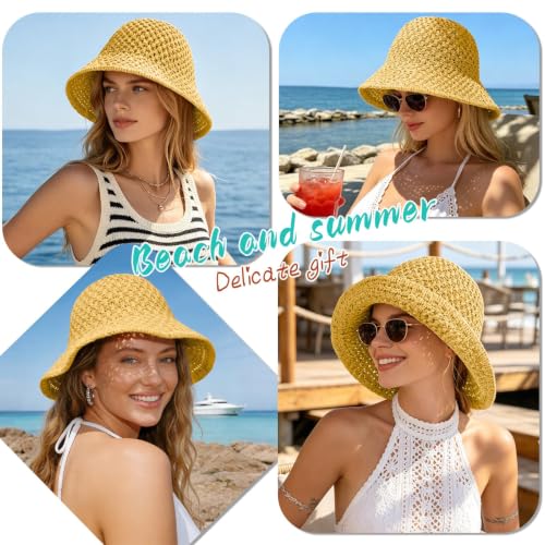 Sun Hat for Women Beach Hat Straw Bucket Hat Summer UV Protection, Packable Breathable Crochet Style - color: 1pack-sunset Yellow